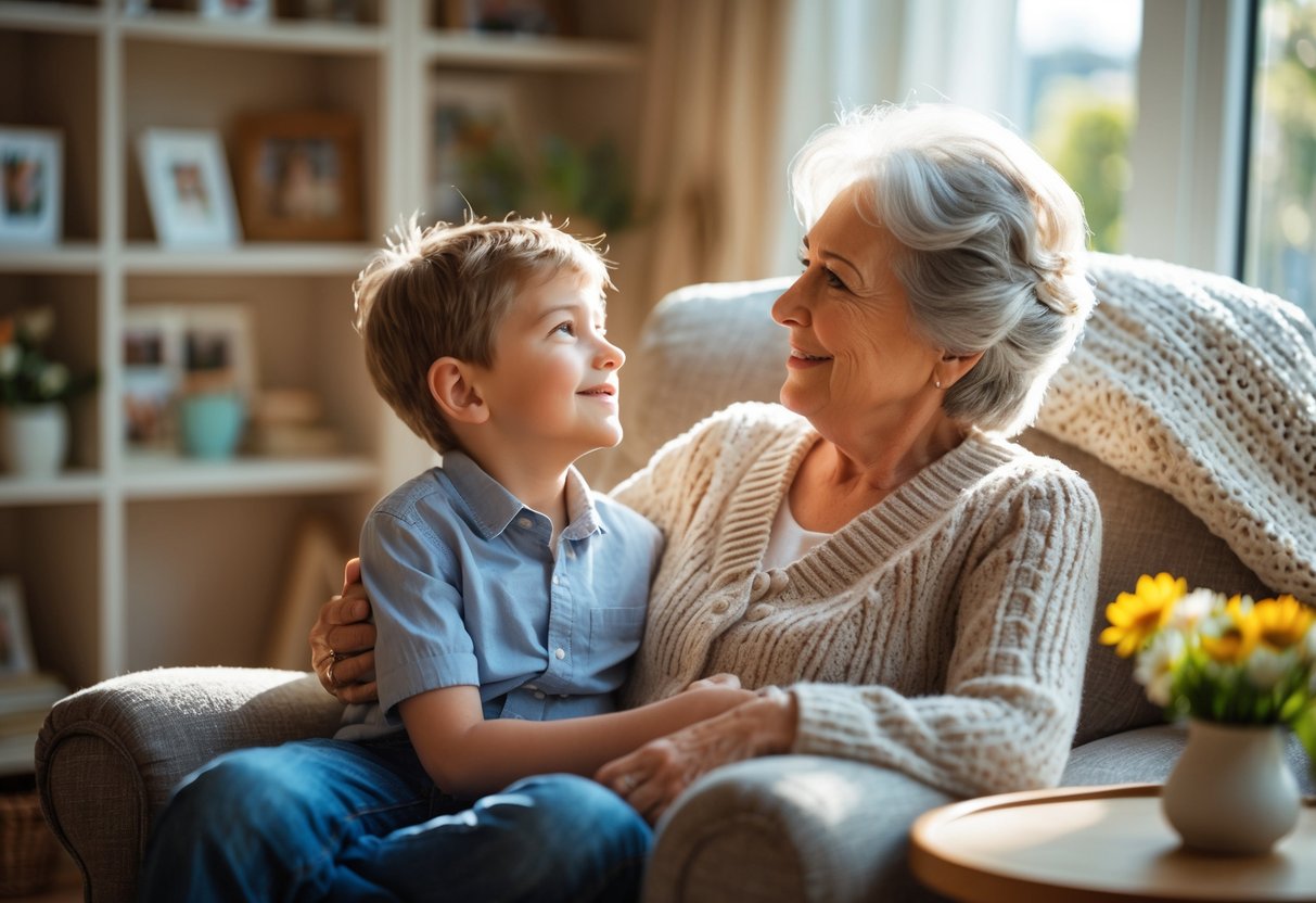 A grandmother holding her young grandson on her lap in a cozy living room, both smiling warmly at each other.
