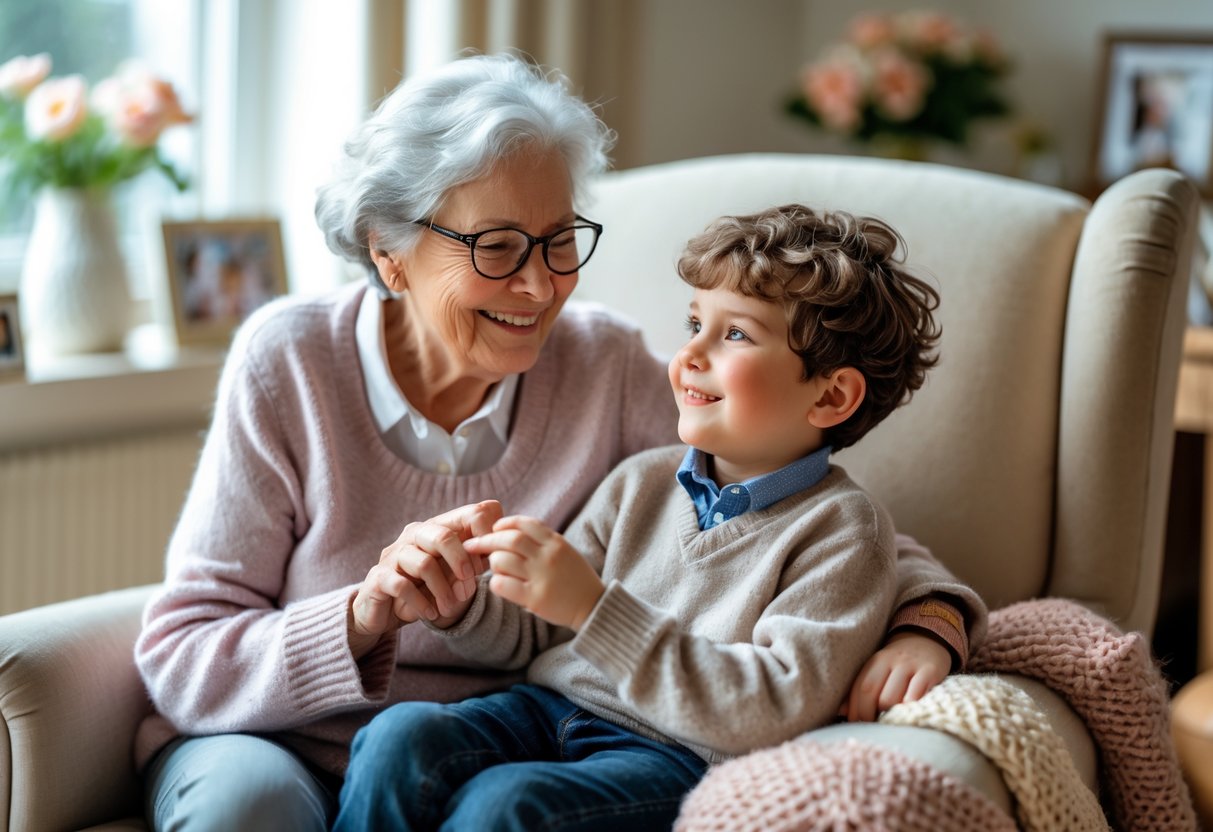 Grandmother sitting in an armchair holding her young grandson on her lap, both smiling and looking at each other affectionately in a cozy living room.