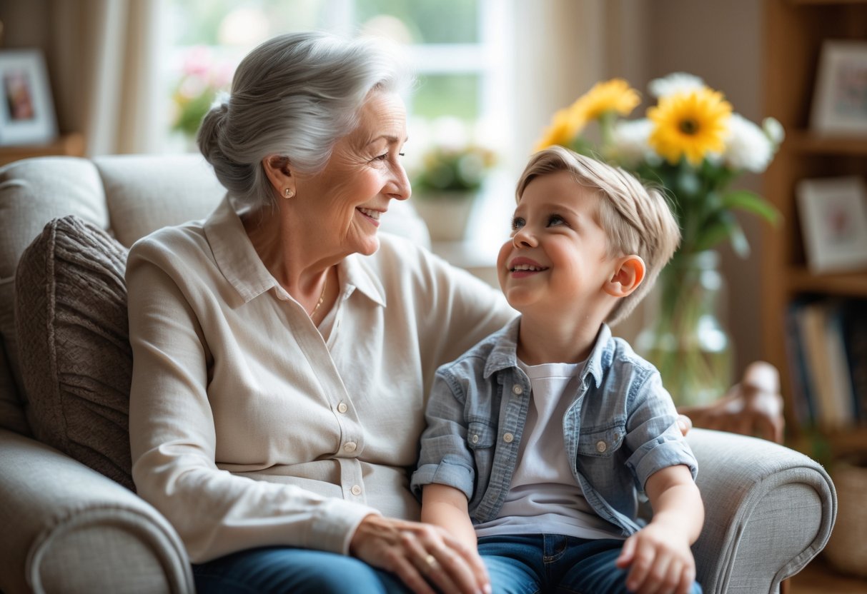 A grandmother and her young grandson sharing a loving moment together in a cozy living room.