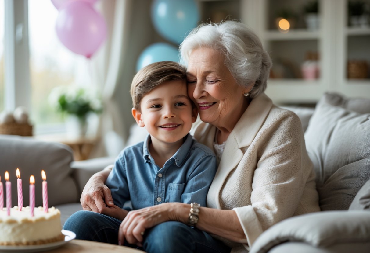 A grandmother warmly embracing her young grandson during a birthday celebration in a cozy living room.