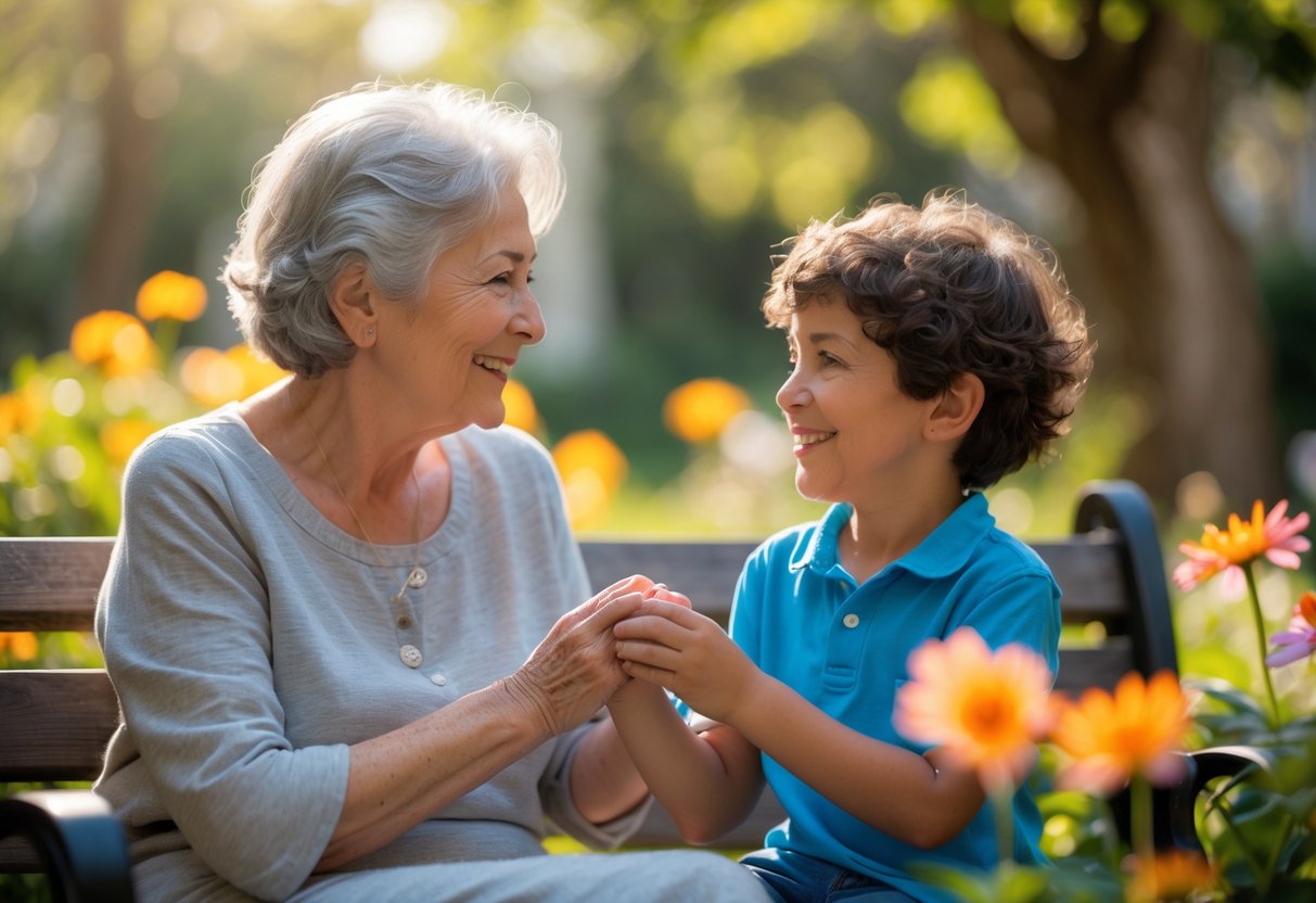 Grandmother and young grandson sitting on a bench outdoors, holding hands and smiling at each other surrounded by flowers and greenery.