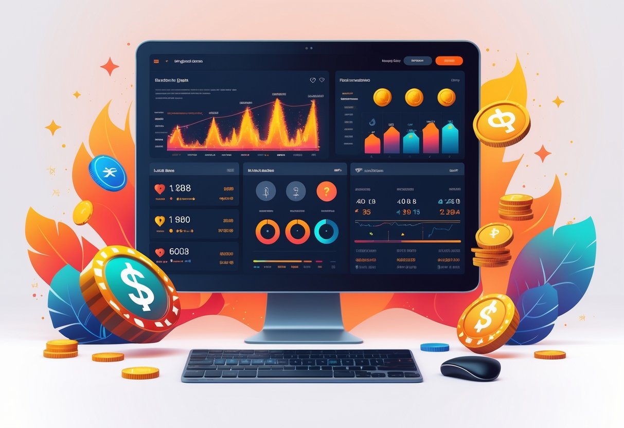 Antarmuka komputer modern yang menampilkan grafik dan statistik permainan jackpot dengan tema api, dikelilingi oleh simbol keberuntungan seperti koin dan dadu.