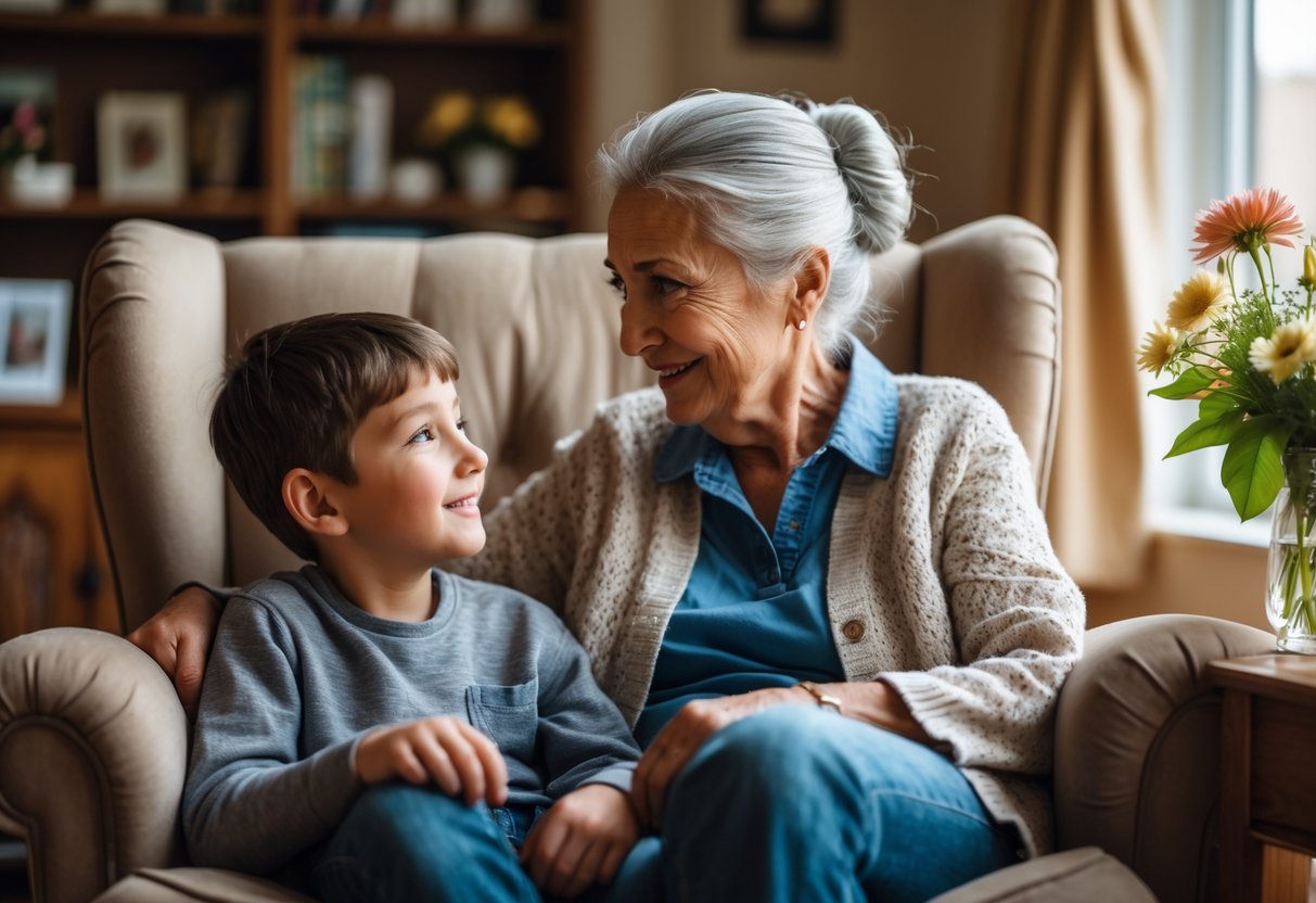 An elderly grandmother and her young grandson sitting together in a cozy living room, sharing a warm and loving moment.