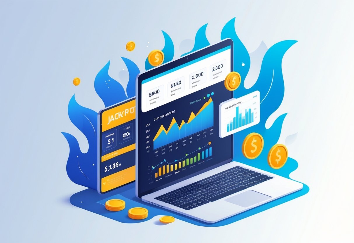 Ilustrasi komputer yang menampilkan grafik dan pola statistik jackpot dengan elemen api dan koin di sekitarnya.