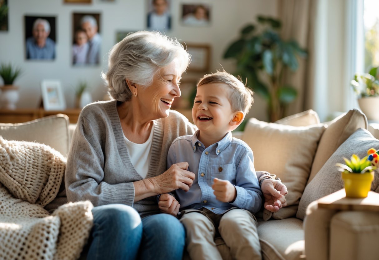 A grandmother and her young grandson sharing a joyful moment together in a cozy living room.