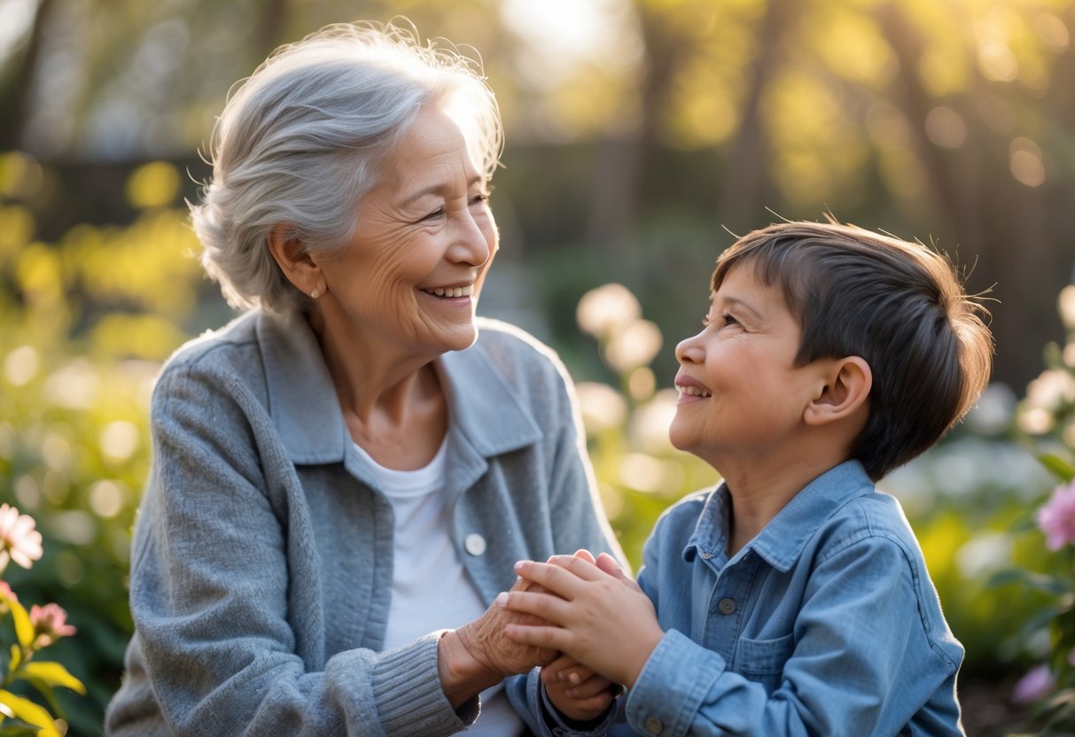 An elderly grandmother holding hands and smiling warmly at her young grandson outdoors in a sunlit garden.