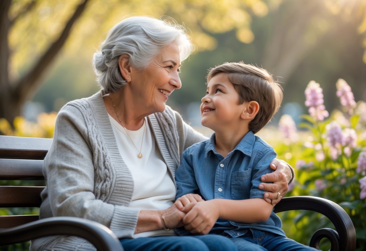 A grandmother and her young grandson sitting closely on a park bench, sharing a loving and joyful moment outdoors surrounded by greenery.