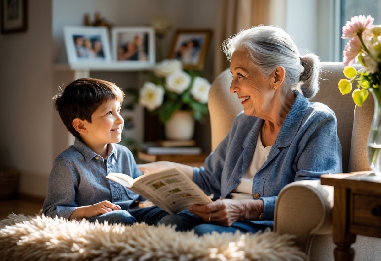 A grandmother and her grandson sitting together in a cozy living room, sharing a loving moment.