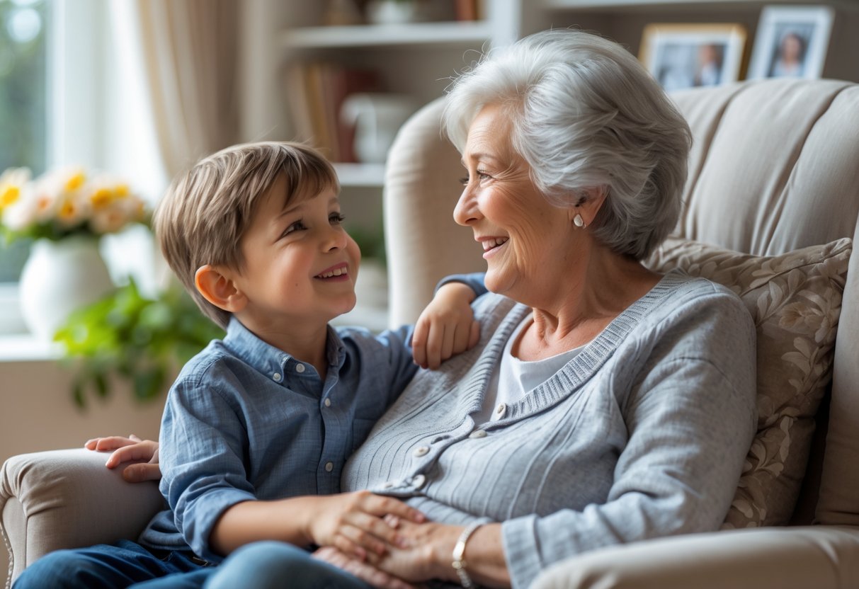 A grandmother and her young grandson sharing a loving moment together in a cozy living room.