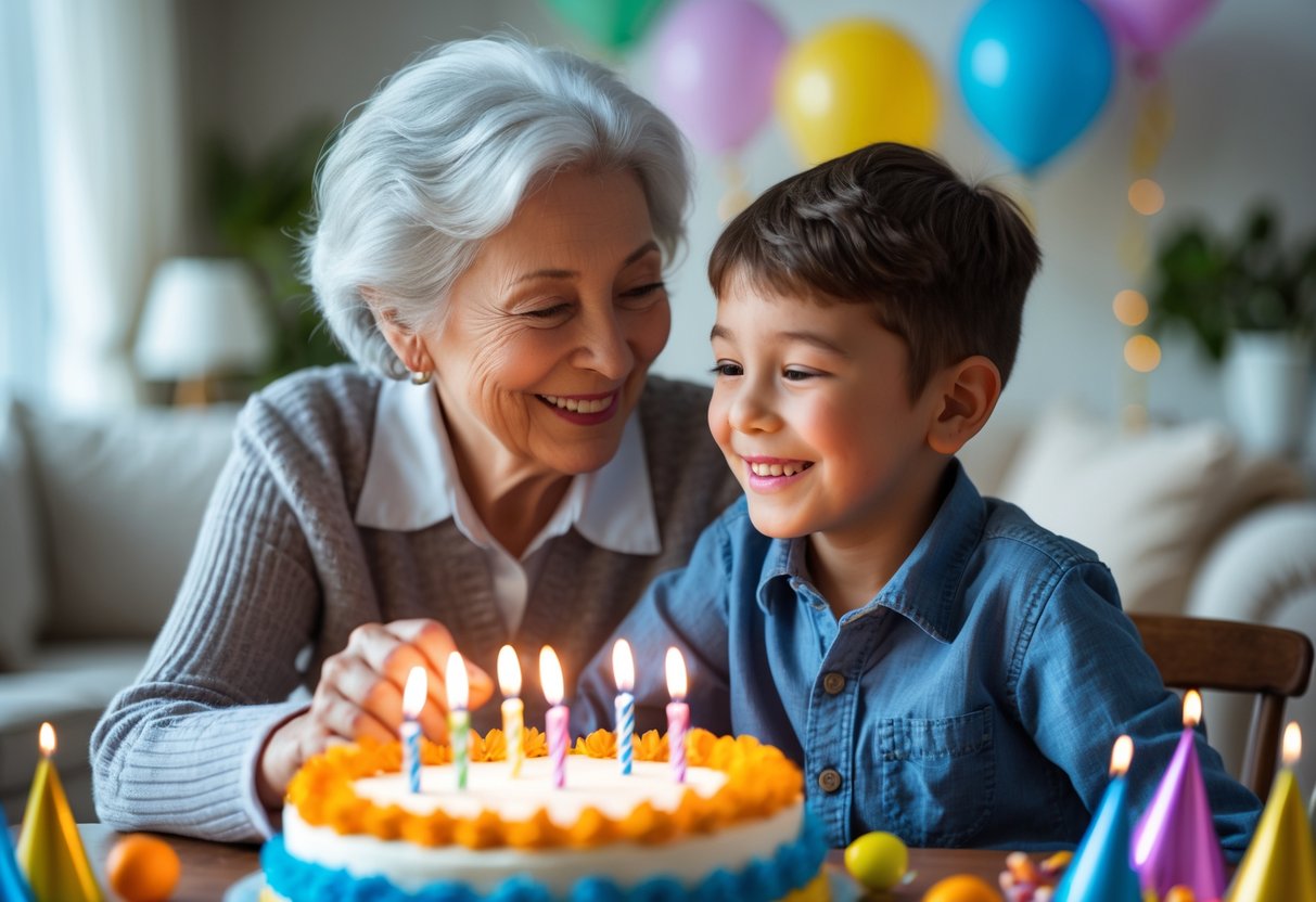 A grandmother and her young grandson smiling together at a birthday celebration indoors with a decorated cake and balloons.