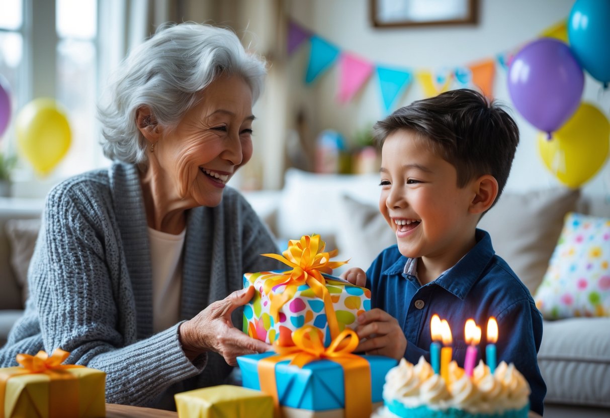 A grandmother giving a birthday gift to her young grandson in a decorated living room with balloons and a birthday cake.