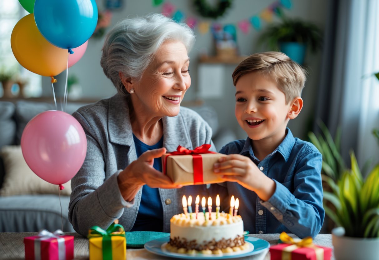 A grandmother smiling warmly as she gives a birthday gift to her young grandson at a decorated table with a birthday cake and balloons.