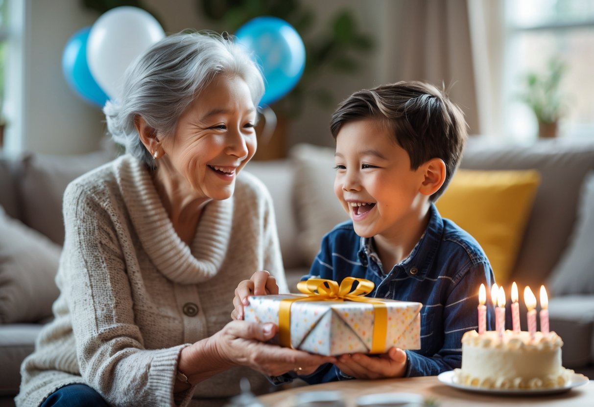 A grandmother happily giving a birthday present to her young grandson in a cozy living room decorated for a birthday.