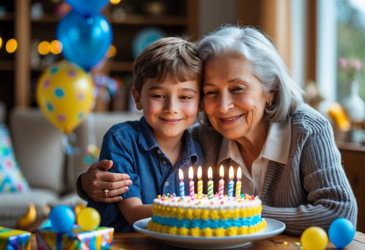 A grandmother warmly hugging her young grandson as he holds a birthday cake with lit candles in a decorated living room.