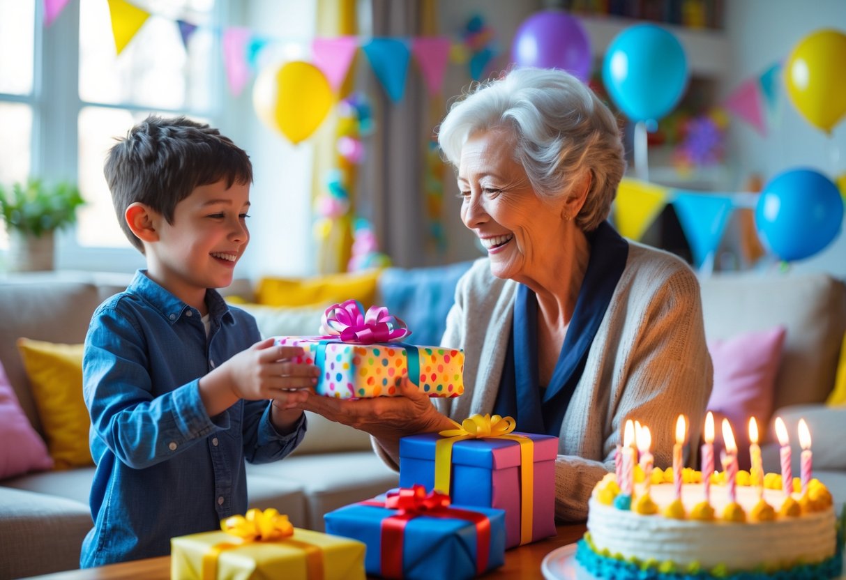 A grandmother giving a birthday gift to her young grandson in a decorated living room with balloons and a birthday cake.