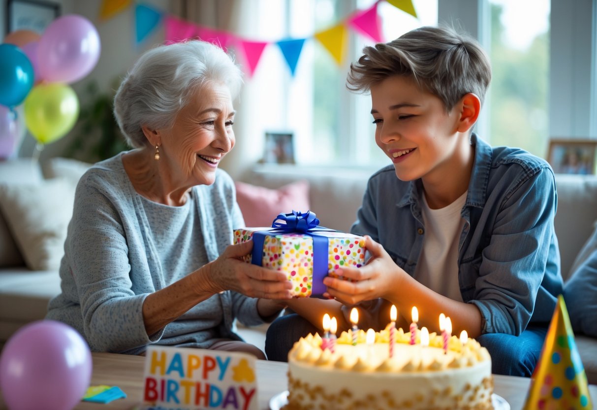 A grandmother giving a birthday gift to her teenage grandson in a decorated living room with balloons and a birthday cake.