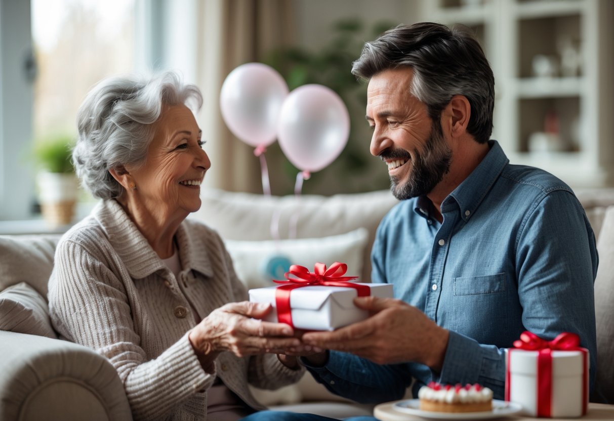 A grandmother giving a gift to her adult grandson during a birthday celebration in a cozy living room.