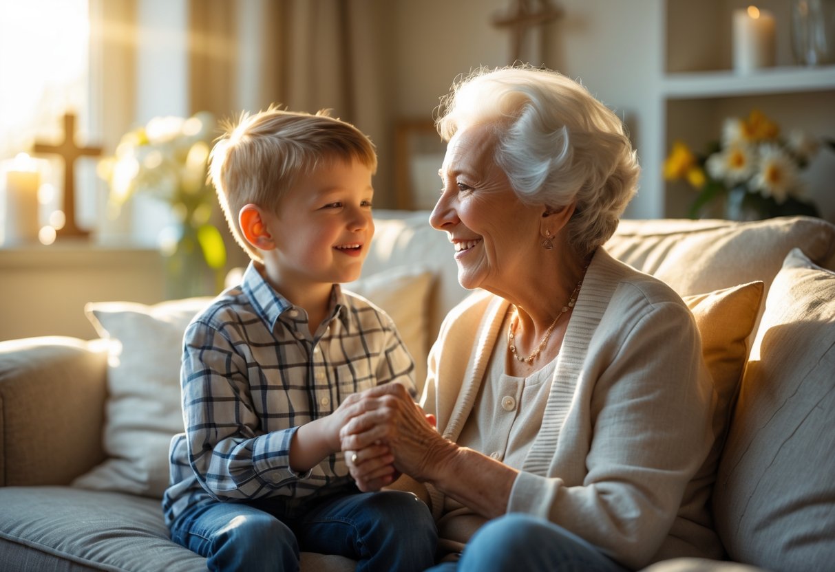 Grandmother and grandson sitting together on a sofa, holding hands and smiling warmly in a sunlit living room with religious decorations.