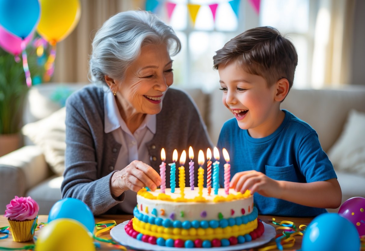 Grandmother smiling and presenting a birthday cake with lit candles to her young grandson in a decorated living room.