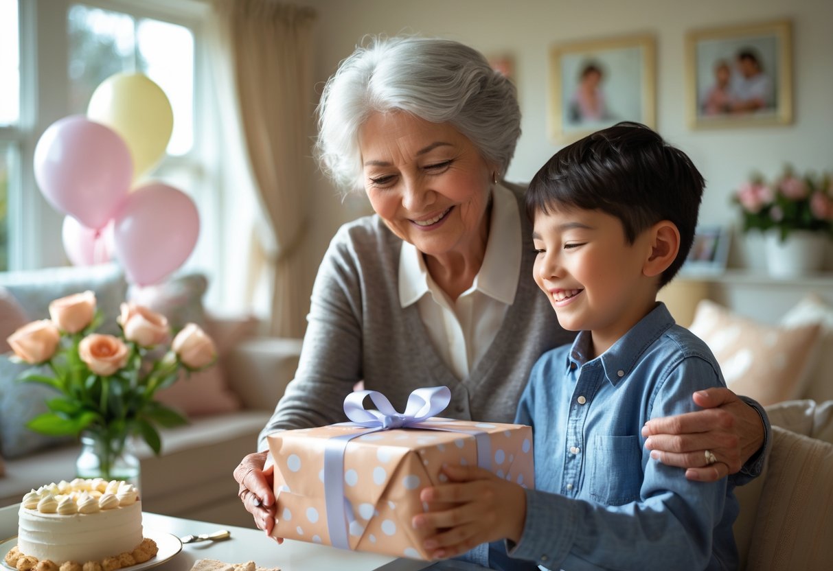 Grandmother giving a wrapped birthday gift to her smiling young grandson in a cozy living room decorated for a birthday.