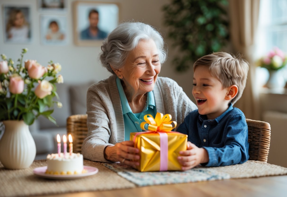An elderly grandmother giving a birthday gift to her smiling young grandson at a decorated table indoors.