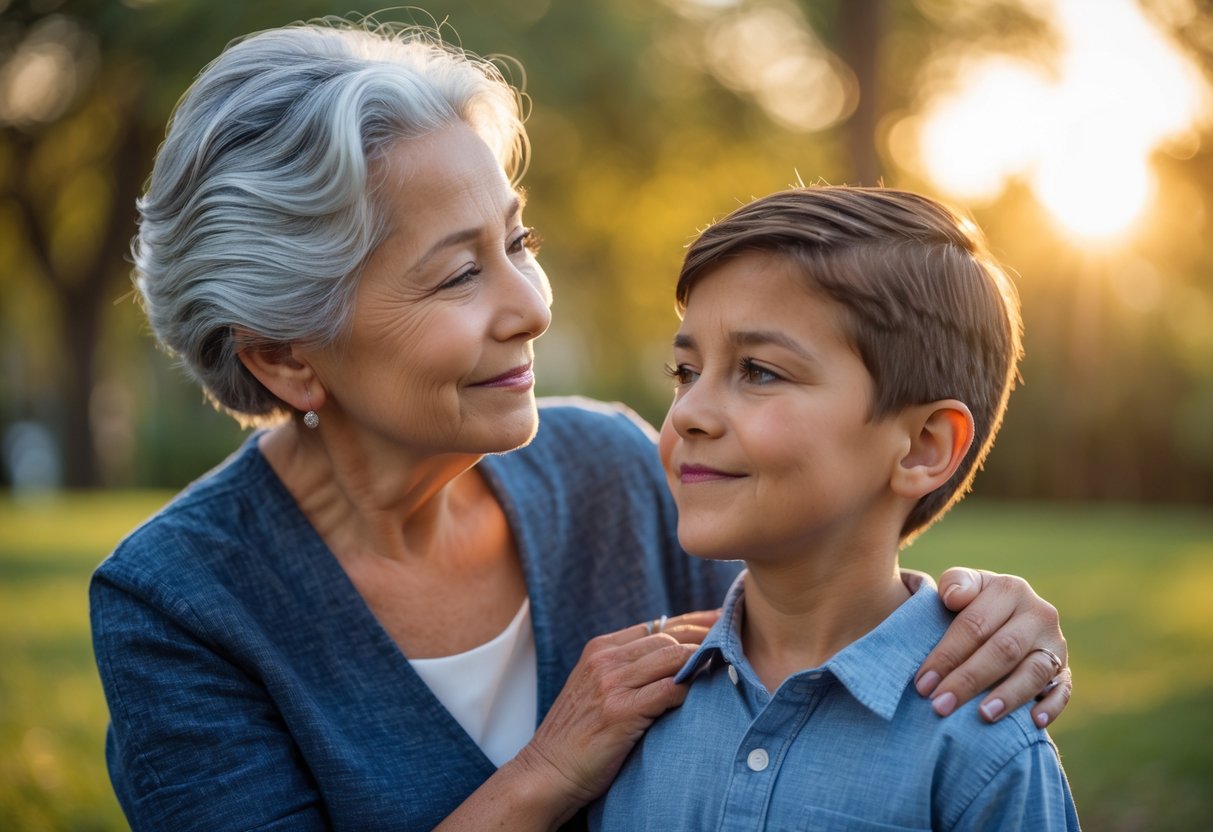A grandmother gently holds her young grandson's shoulder outdoors as they share a loving moment in a sunlit park.