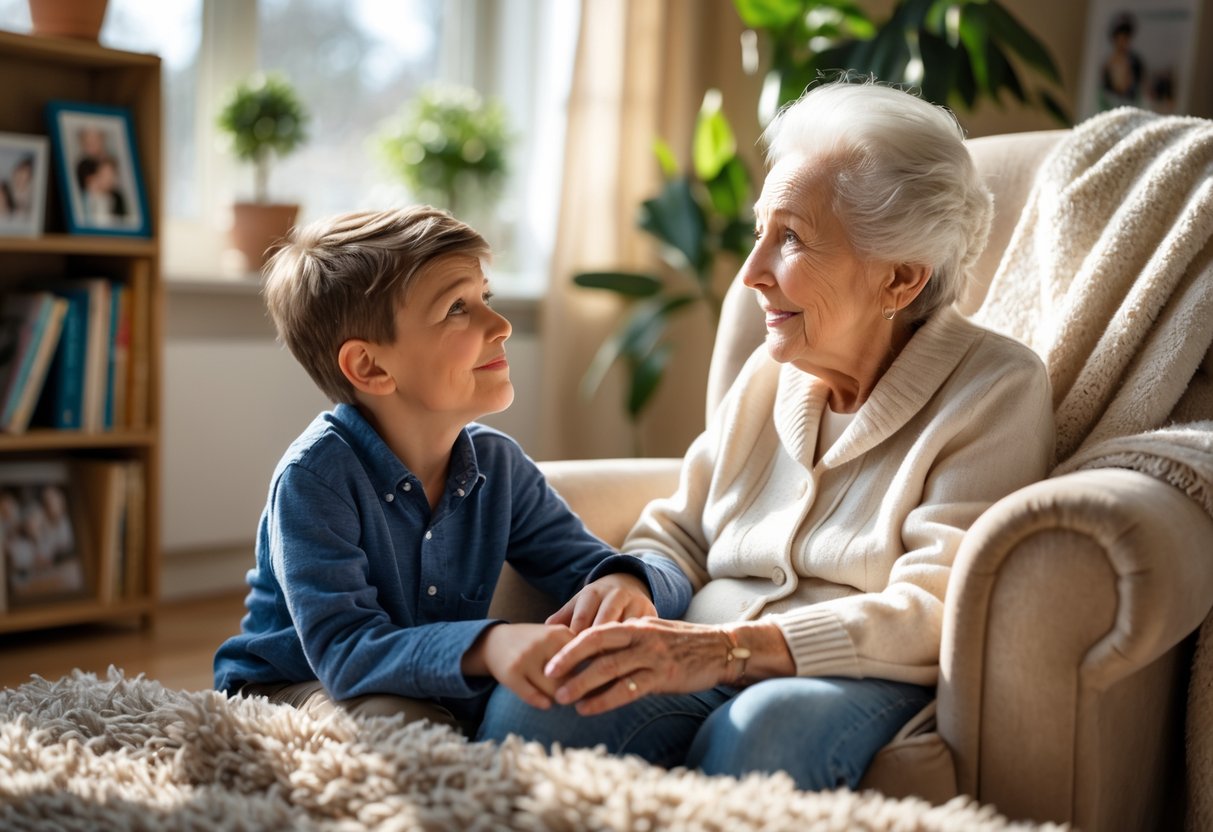 An elderly grandmother and her young grandson sitting together in a sunlit living room, sharing a warm and attentive moment.