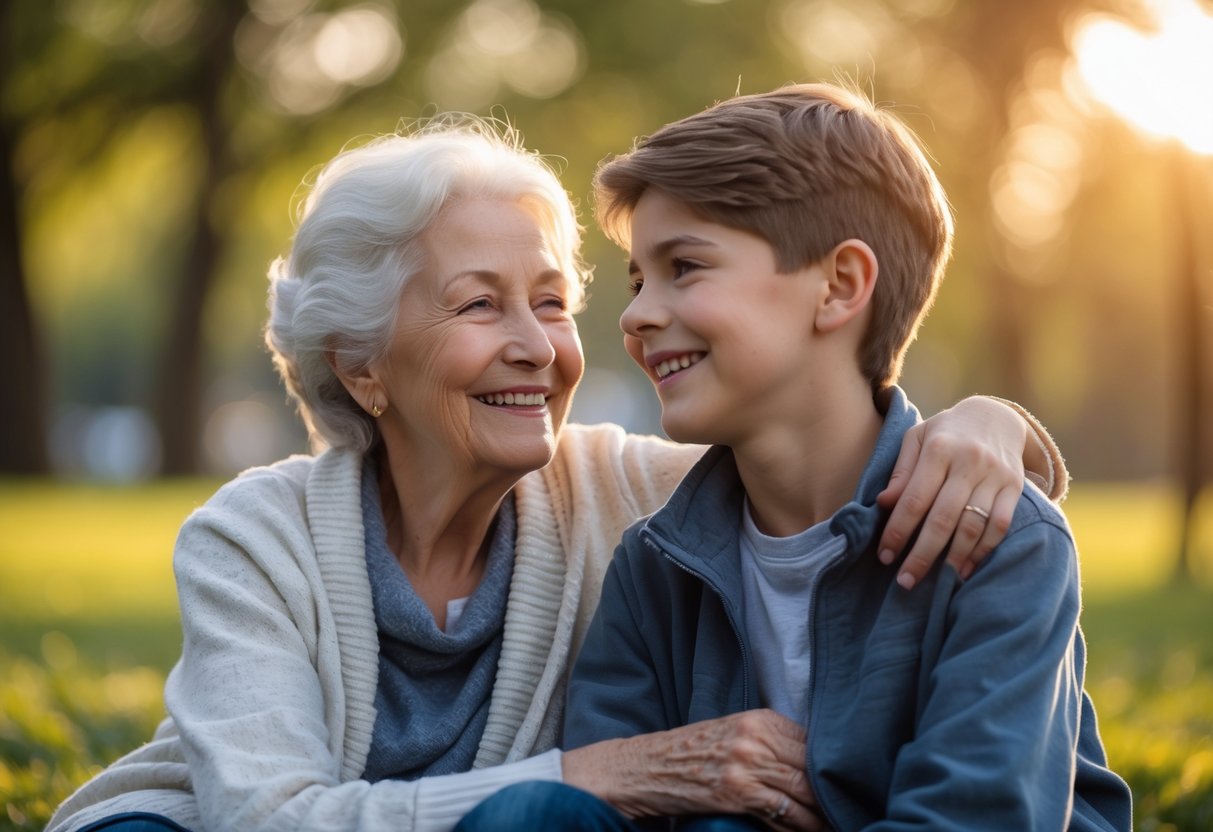 A grandmother and her grandson sitting closely outdoors, sharing a joyful and loving moment together.