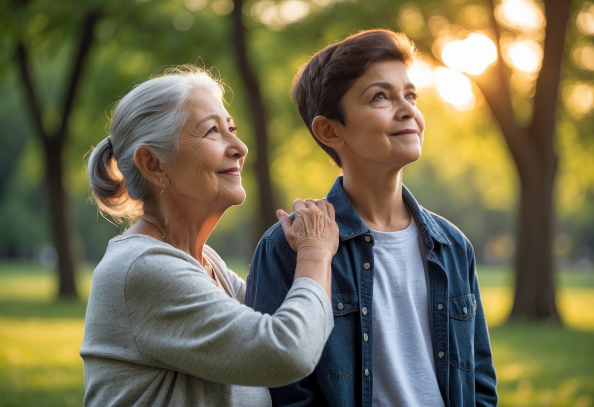 An elderly grandmother gently placing her hand on her teenage grandson's shoulder as they stand together outdoors in a park.