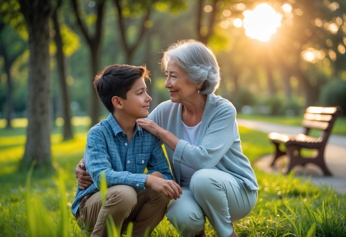 A grandmother kneeling beside her teenage grandson outdoors in a park, sharing a warm and supportive moment during sunset.