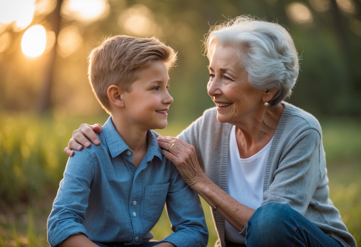 An elderly grandmother kneeling beside her young grandson outdoors, sharing a warm and supportive moment.