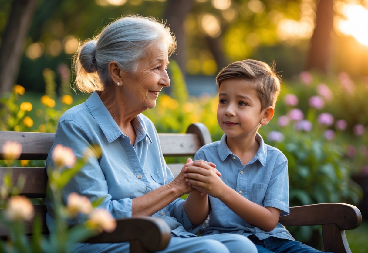 An elderly grandmother and her young grandson sitting together outdoors in a garden, sharing a warm moment of connection.
