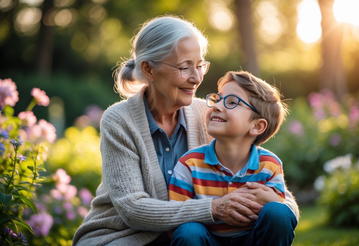 A grandmother warmly embracing her young grandson outdoors in a sunlit garden, both smiling and sharing a loving moment.