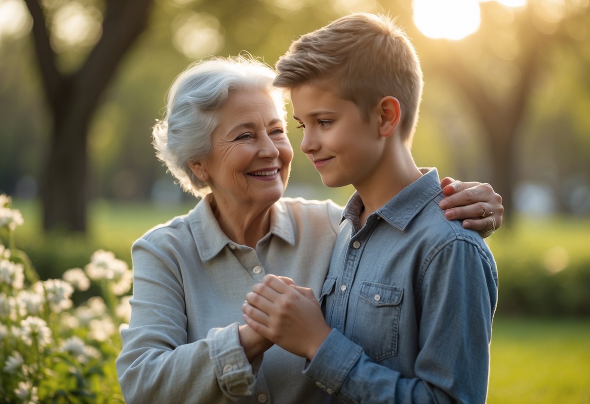 A grandmother warmly embracing her teenage grandson outdoors in a sunlit park, sharing a loving and proud moment.
