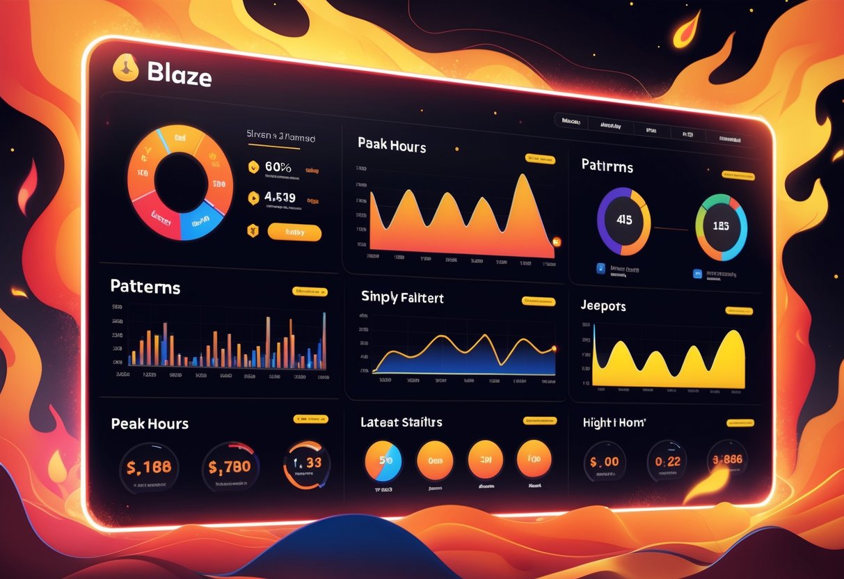 Tampilan antarmuka modern dengan grafik dan visualisasi data tentang pola, jam aktif, dan statistik terbaru dari permainan jackpot live Blaze.