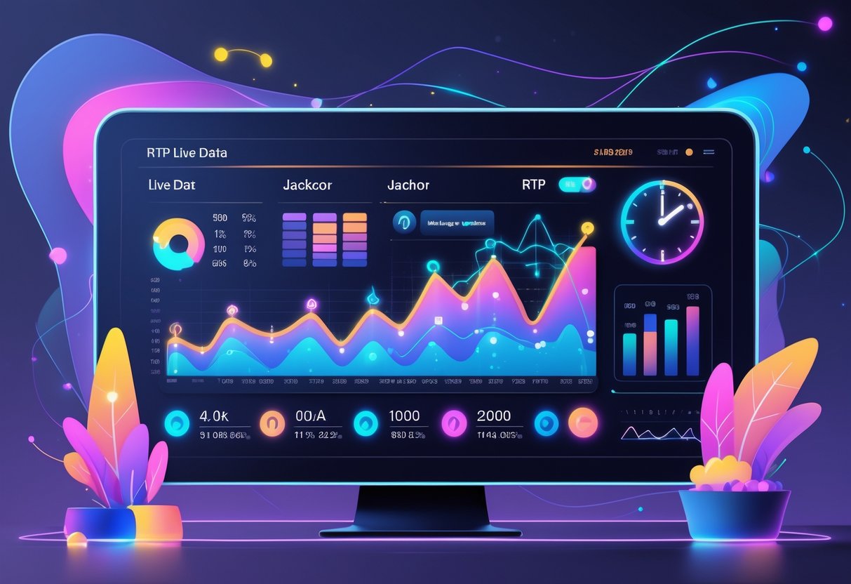 Ilustrasi layar digital yang menampilkan grafik dan pola statistik jackpot serta data waktu dalam konteks pembaruan langsung RTP dan jackpot.