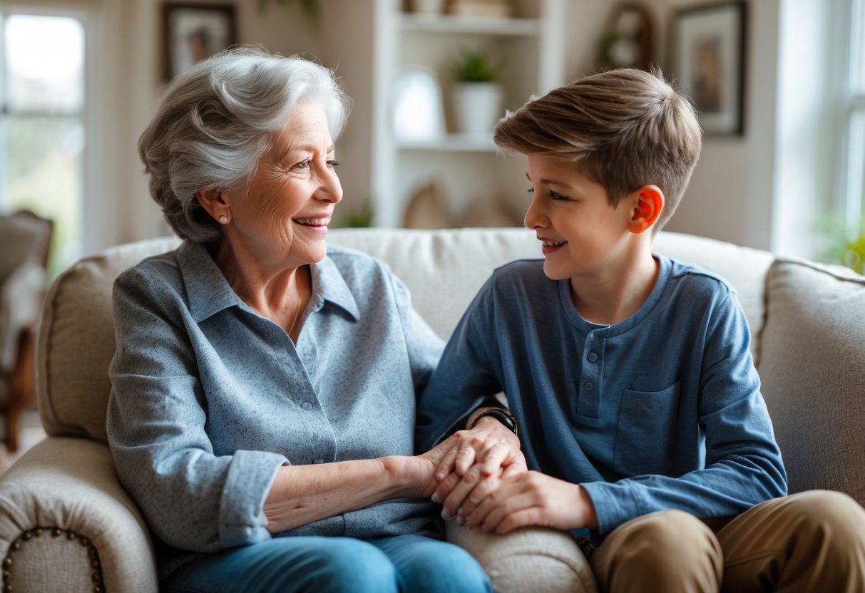 A grandmother and her teenage grandson sitting together in a cozy living room, sharing a warm and supportive moment.