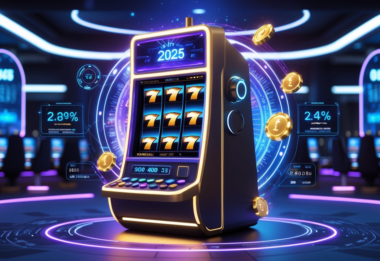 Ilustrasi mesin slot digital futuristik dengan lampu neon dan elemen grafik yang menunjukkan pembaruan jackpot langsung dan statistik waktu nyata di lingkungan kasino berteknologi tinggi.