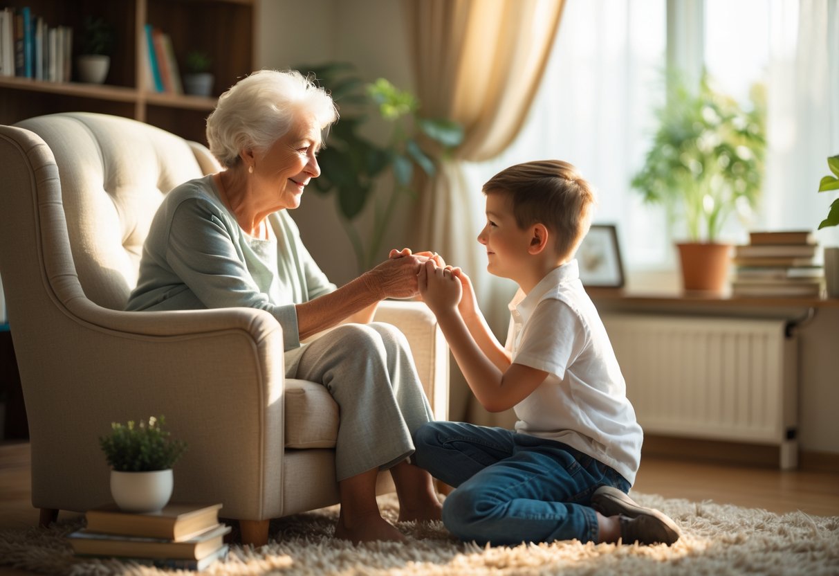 An elderly grandmother and her young grandson share a warm, attentive moment together in a cozy living room.