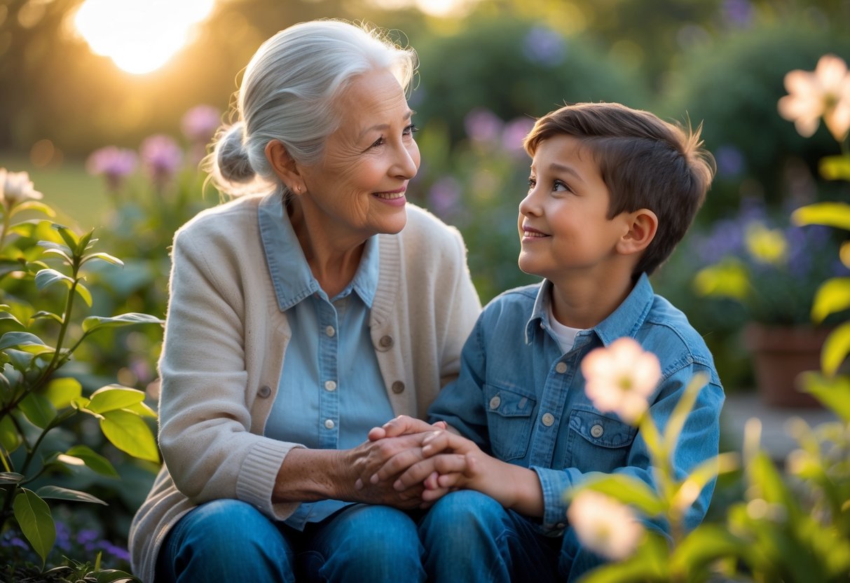 An elderly grandmother and her young grandson sitting together outdoors, holding hands and sharing a warm moment.
