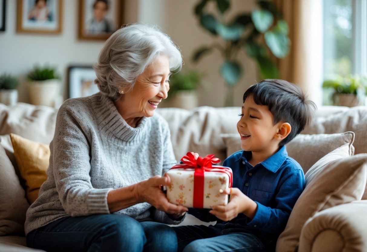 A grandmother giving a wrapped gift to her young grandson as they sit together in a cozy living room.