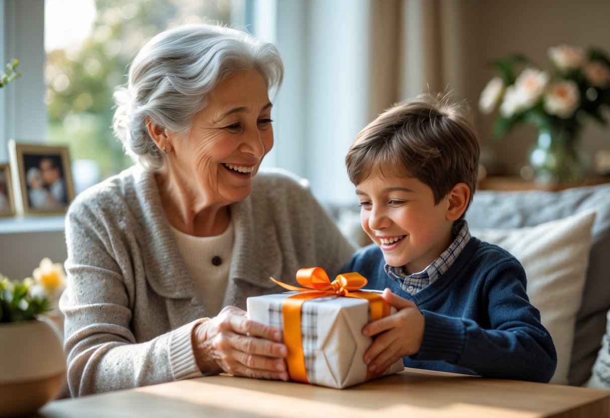 A grandmother giving a small gift to her young grandson as they share a happy moment together at a table indoors.