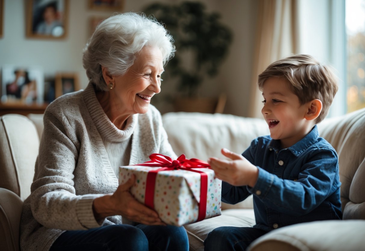 A grandmother giving a wrapped gift to her young grandson in a cozy living room, both smiling warmly.