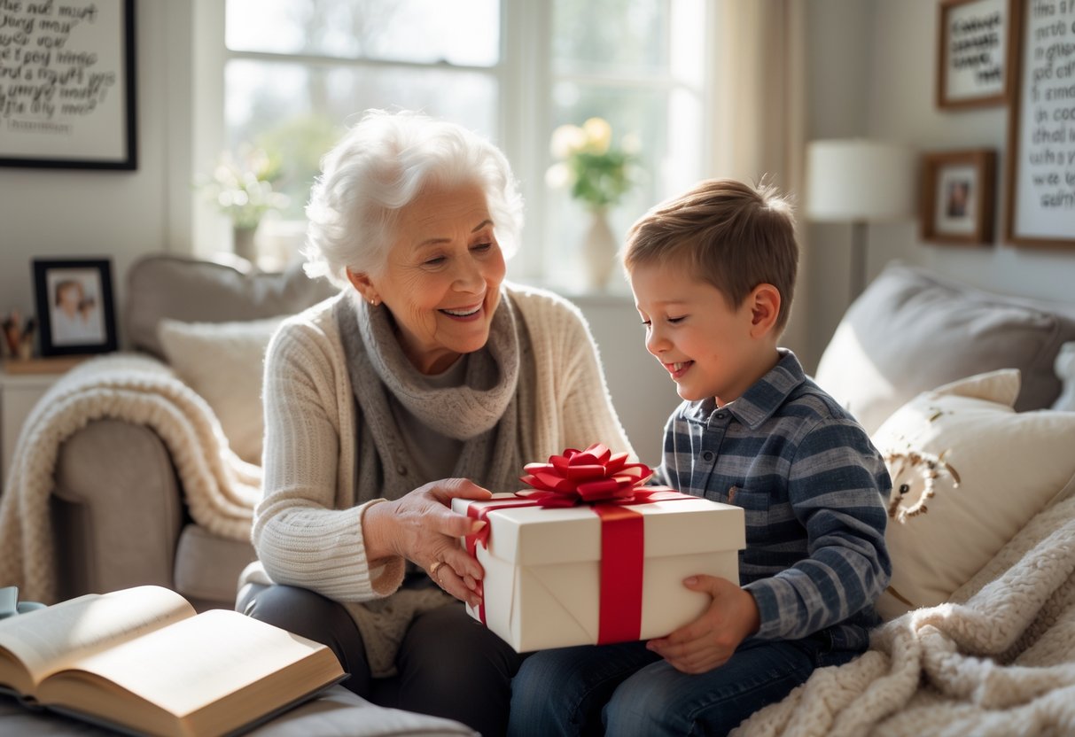 A grandmother and her grandson sitting together as she gives him a wrapped gift in a cozy living room.