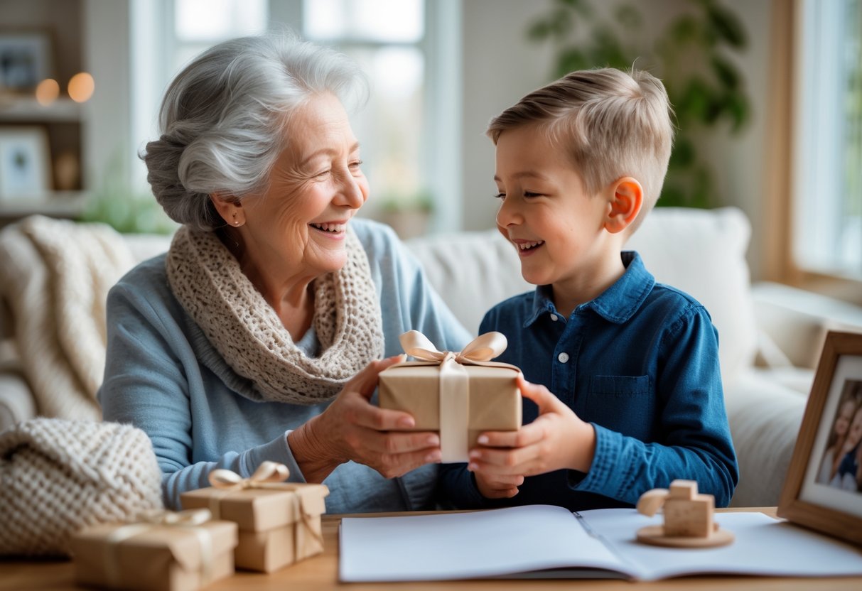 A grandmother giving a gift to her smiling young grandson in a cozy living room.