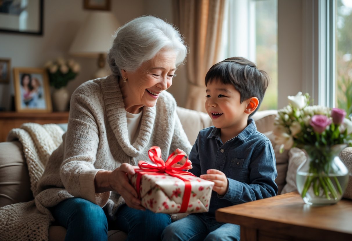 A grandmother giving a wrapped gift to her smiling young grandson in a cozy living room.