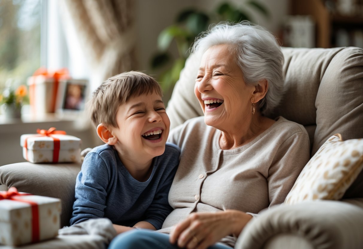 A grandmother and her young grandson laughing together in a cozy living room.