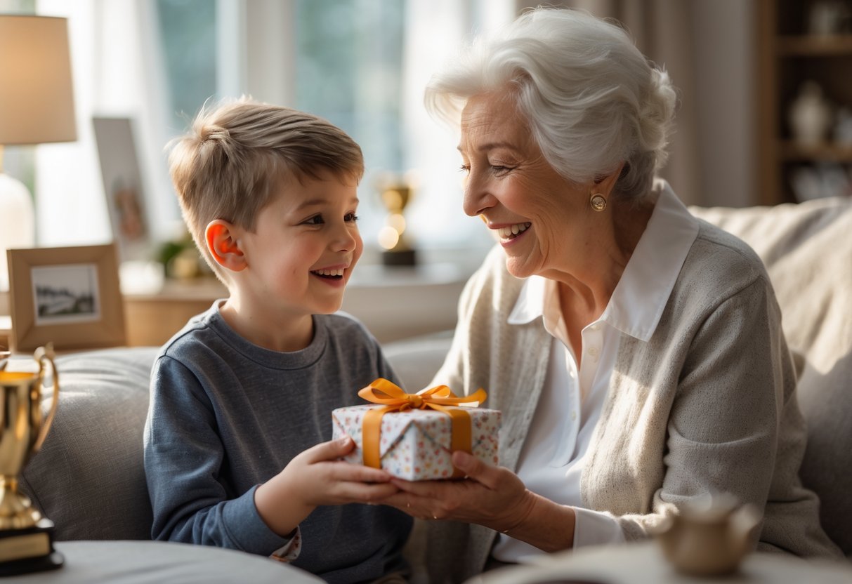 A grandmother giving a small gift to her young grandson in a cozy, sunlit living room.