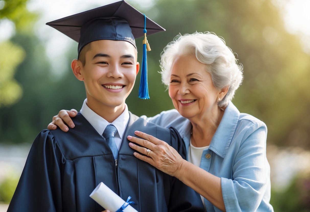 A grandmother and her grandson celebrating his graduation outdoors, with the grandson in a cap and gown holding a diploma and the grandmother smiling proudly beside him.