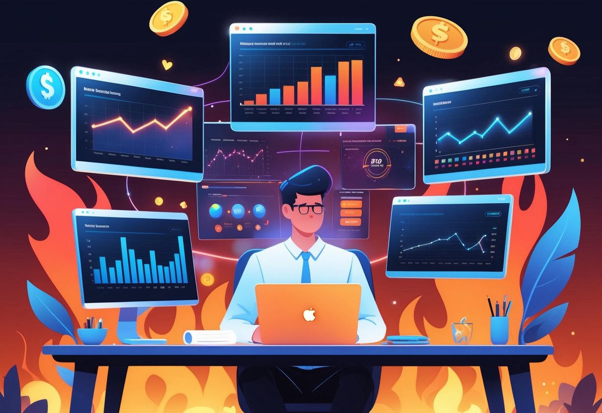 Seseorang sedang menganalisis data dan grafik di layar digital dengan latar belakang simbol permainan jackpot dan api.